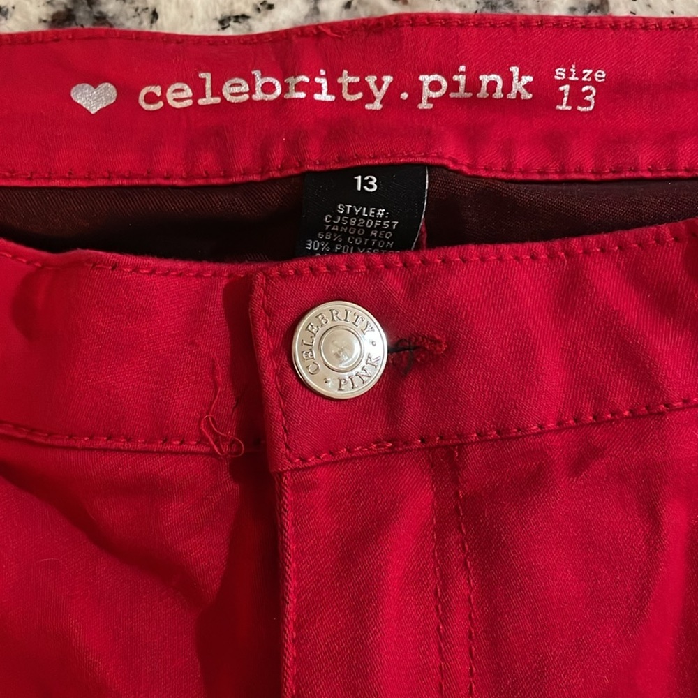 Celebrity Pink stretchy Bold Scarlet Red Jr SZ 13 Pants w silver logo plate EUC - Picture 6 of 13